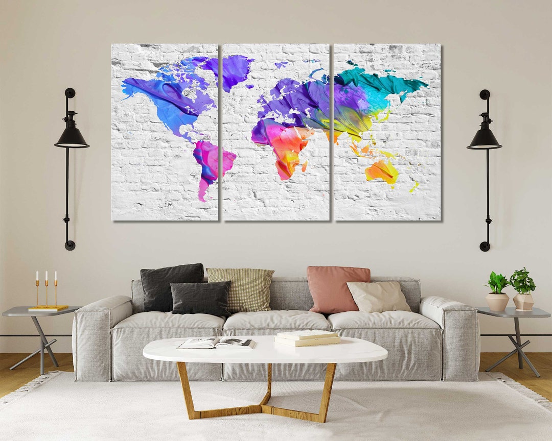 World Map Wall Art Watercolor Canvas for Office, Bedroom, Living Room ...