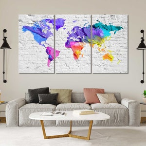 Watercolor World Map print canvas, World Map for gift, Colorful Map of World picture print, World Map large decor, World Map for bedroom