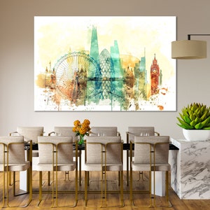 May include: A watercolor painting of the London skyline featuring the London Eye, Big Ben, and other iconic landmarks. The painting is displayed above a dining table with six chairs.