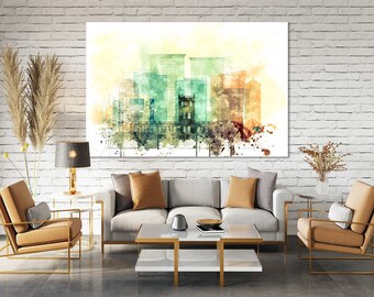 Honolulu Skyline Canvas Print, Watercolor Hawaii Cityscape Wall Art for Travel Inspired Home Decor