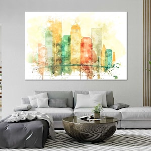 Los Angeles Watercolor Canvas Prints Wall Art Los Angeles Skyline Canvas Living Room Wall Decor Los Angeles Bedrooms Canvas Decoration