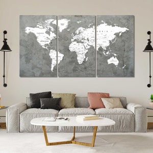 Graue Weltkarte-Dekoration für Zuhause, Weltkarte-Kunst als Geschenk, Weltkarte-Originaldekoration, Geographie-Karte-Gemälde auf Leinwand, Weltkarte-Druck-Leinwand