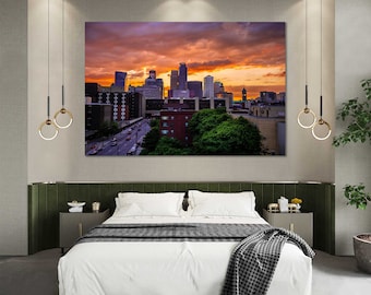 Minneapolis Skyline Canvas Wall Art, Sunset Cityscape for Office Decor