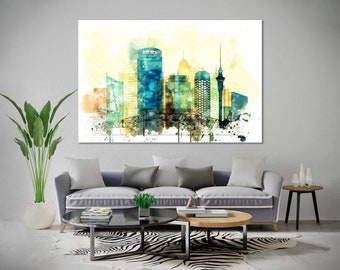 Auckland Skyline Watercolor Canvas Print Set, Ready to Hang Wall Art for Office or Bedroom