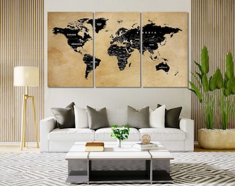 Vintage World Map print canvas, Push Pin World Map decor for wall, World Map large decor for home, Geography Map wall art, World Map artwork
