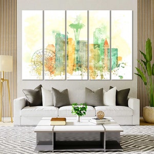 Seattle Watercolor Canvas Prints Wall Art Seattle Skyline Canvas Living Room Wall Decor Seattle Bedrooms Canvas Art in Modern Style