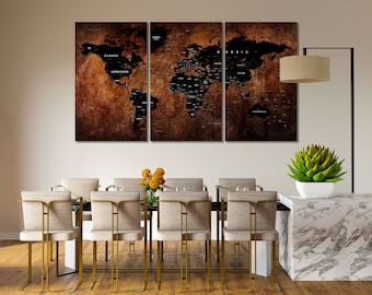 Brown World Map print art on canvas, Large World Map on canvas, Push Pins World Map decor for interior, Vintage World Map artwork