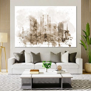 May include: A sepia toned watercolor painting of the Barcelona skyline, featuring iconic buildings like the Sagrada Familia and the Barceloneta beach.