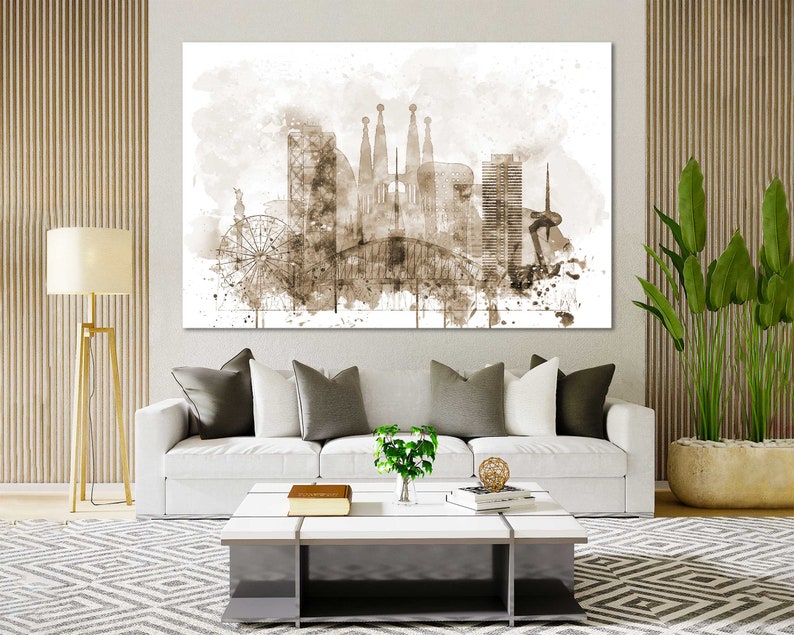 May include: A sepia toned watercolor painting of the Barcelona skyline, featuring iconic buildings like the Sagrada Familia and the Barceloneta beach.