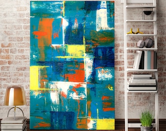Abstract Geometric Painting Print – Modern Colorful Wall Art Blue Yellow Orange Contemporary Poster, Bold Minimalist Artwork