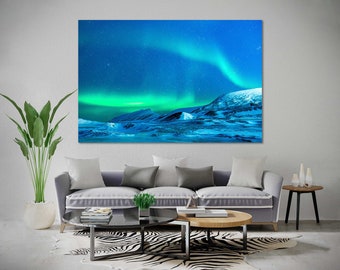 Impresión en lienzo de la aurora boreal, decoración de interiores con auroras boreales, impresión en lienzo de cielo nocturno, diseño artístico de la aurora boreal, impresión de paisaje invernal