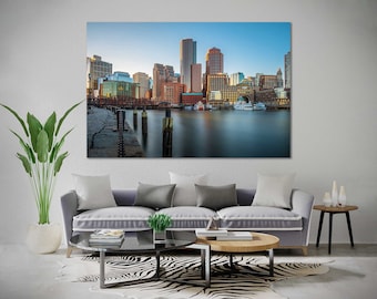 Boston Skyline Print, Massachusetts Harbor Cityscape Wall Art, Modern Photography Poster for Contemporary Home Decor