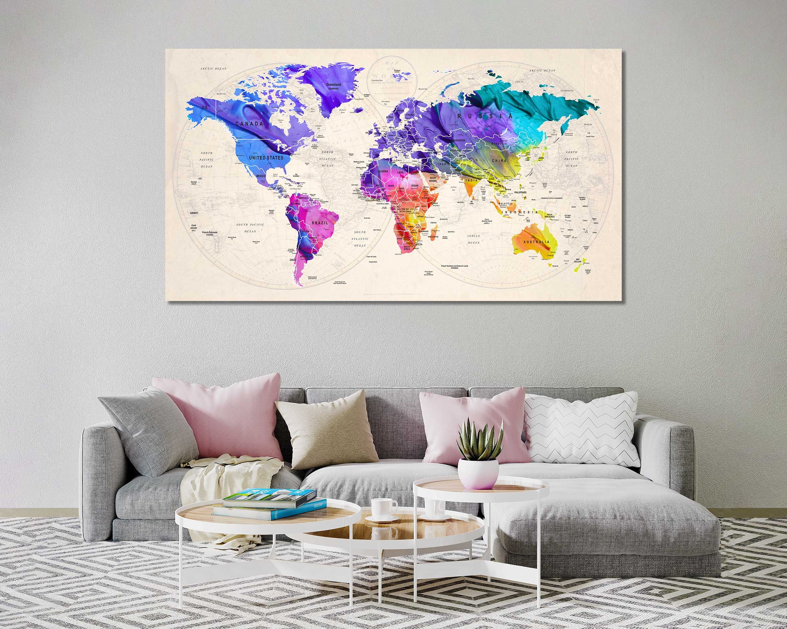 Colorful World Map Wall Art – Push Pin Travel Map Print | Watercolor ...