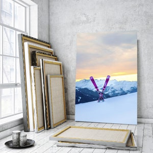 Arte em tela de ideias para decoração de parede de esqui, impressão de paisagem de montanha, arte em tela, decoração de parede de montanhas, arte de esporte de inverno para presente, impressão de arte de esqui