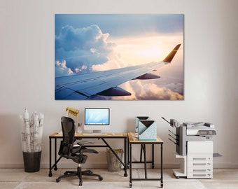 Airplane Wing View Canvas Print, Sunset Sky Travel Wall Art, Aviation Decor