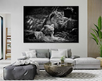 Lion Wall Decor, Stylish Art for Home with Lions, Lion Black and White Art, Lions Print Canvas, Wild Life Large Decor, Lion Picture Print