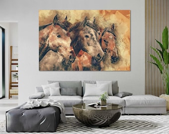 Horses Print Canvas Set, Watercolor Horses Painting on Canvas, Horses Wall Decor, Horses Decor Home, Horses Art for Gift, Horse Artwork