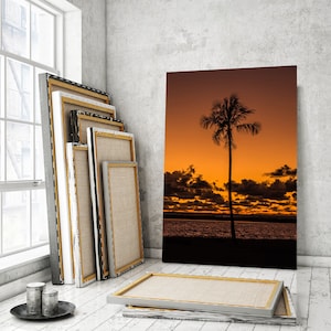 Canvas art of Coconut Palm Tree, Palm Tree at sunset wall home decor, Hawai orange wall decor
