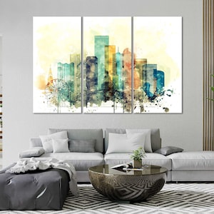 Impressões em tela de aquarela de Denver, arte de parede, tela do horizonte de Denver, decoração de parede para sala de estar, quartos de Denver, tela grande em estilo moderno