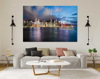 Hong Kong Skyline Print Victoria Harbour Night City Photography Wall Art