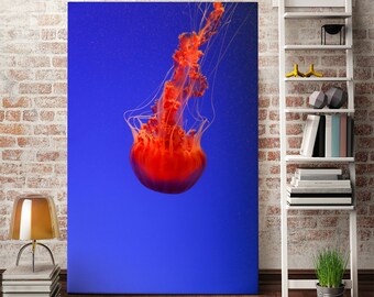 Jellyfish Vertical Wall Art, Red Underwater Canvas Print, Modern Blue Ocean Decor for Living Room