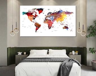 Colorful World Map Wall Art – Watercolor Map Print Travel Decor, Modern Home Office Artwork, Global Adventure Poster, Geography Gift