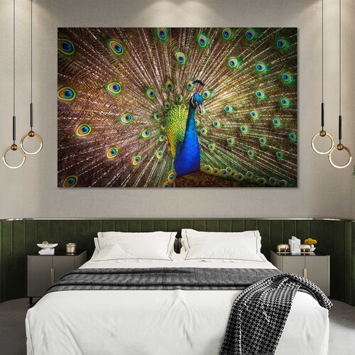 Printable Wall Art Peacock Art Gold Art Blue Wall Decor Canvas Etsy