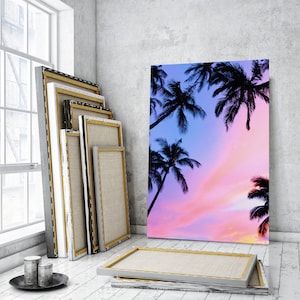Canvas art of Coconut Palm Trees, Colorful Sky at sunset Print Canvas, Palm Trees Painting on Canvas, Tropical Island Art for Decor Wall