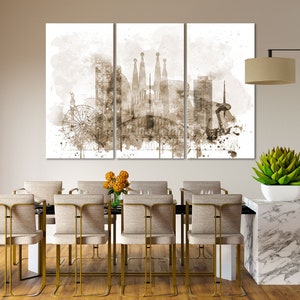 May include: A sepia toned watercolor painting of the Barcelona skyline, featuring the Sagrada Familia, a Ferris wheel, and other buildings. The painting is divided into three panels and is displayed on a wall above a dining table.