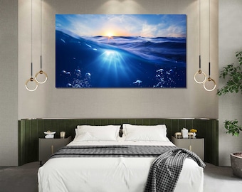 Quadro decorativo em tela com paisagem marinha azul para sala de estar.