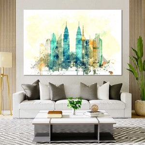 Kuala Lumpur Watercolor Canvas Prints Wall Art Kuala Lumpur Skyline Canvas Living Room Wall Decor Kuala Lumpur Bedrooms Decor Prints