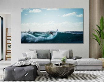 Surfing Photography Print – Ocean Wave Wall Art Surfer on Blue Sea Poster, Extreme Sports Coastal Lifestyle Artwork