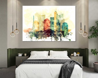 Muurdecoratie met de skyline van Phoenix, aquarel stadsgezicht van Arizona op canvas, moderne stedelijke inrichting