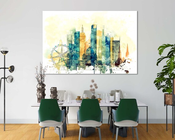 Gallery Wrapped Melbourne Skyline Watercolor Canvas Wall Art, Ready to Hang Home Decor
