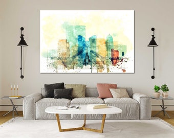 Fort Lauderdale Skyline Canvas Wall Art, Watercolor Ready to Hang Home Decor