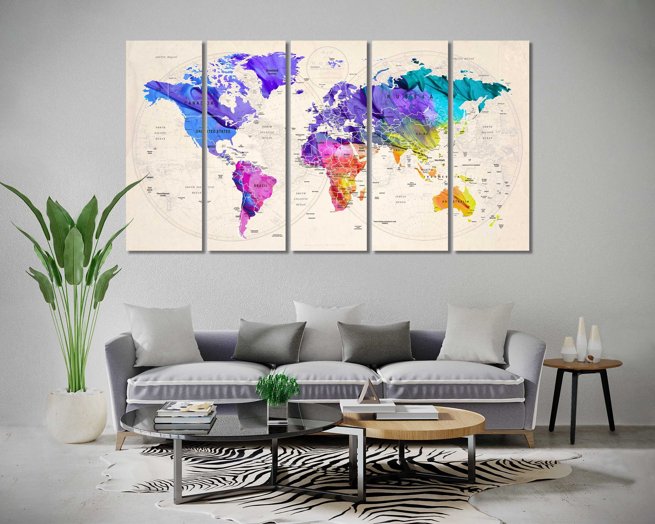 Travel Wall Art Watercolor World Map Canvas Print for Modern Home Decor ...