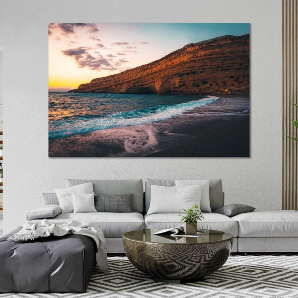 Beautiful Beach at Sunset in Matala Beach Large Wall Art Greece Coast in Greece at Sunset Print Art on Canvas Greece Beach Modern Wall Art