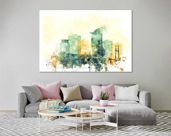Phnom Penh Skyline Canvas Art, Cambodia Watercolor City Wall Decor