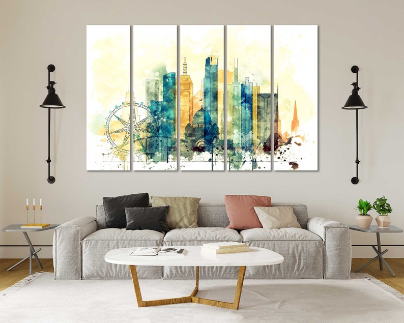 May include: A watercolor painting of a city skyline with a Ferris wheel in the foreground. The buildings are painted in shades of blue, yellow, and orange. The painting is divided into five panels.