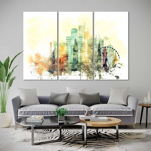 May include: A watercolor painting of a city skyline with a Ferris wheel. The painting is divided into three panels, with the Ferris wheel in the right panel. The colors are muted and the style is abstract.