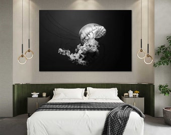 Jellyfish wall decor pictures, Underwater Life canvas print interior decor, Black & White wall art in home, Jellyfish stylish decor bedroom