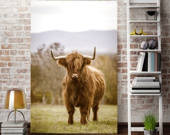 Highland Cow canvas wall decor, Longhorn bull painted wall art, Bull modern home decor, Bull painting on canvas, Cow photo print canvas