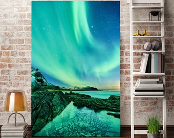 Northern Lights in the Lofoten Islands wall art print, Norway paintings for home, Aurora Borealis vertical decor wall, Aurora Borealis decor
