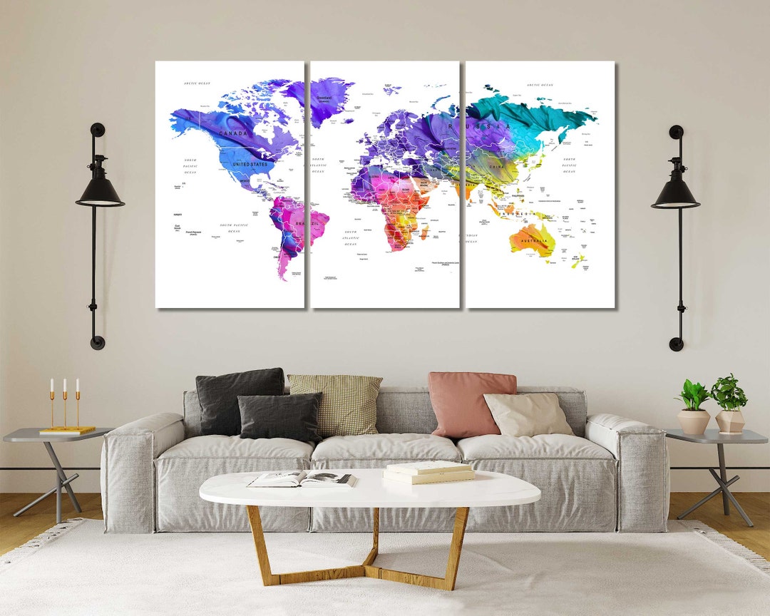 World Map Wall Art Watercolor Push Pin Canvas for Office Decor - Etsy