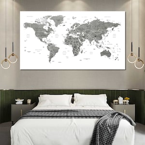 Black and White Push Pin World Map Wall Art – Minimalist Travel Map Poster | Modern Geographic Print for Home & Office Decor
