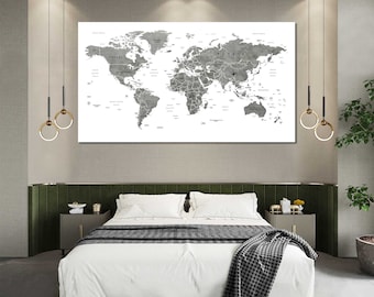 World Map Wall Art, Black and White Canvas Print for Travel Tracking, Modern Office Decor