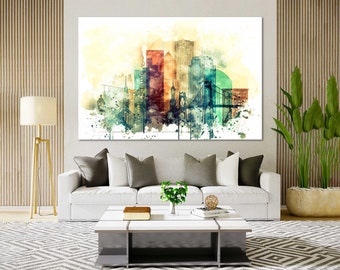 Portland Watercolor Canvas Prints Wall Art Portland Skyline Canvas Living Room Wall Decor Portland Bedrooms Canvas in Modern Style