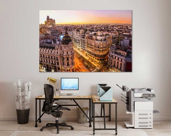 Madrid Cityscape Photography Print – Spain Travel Wall Art Gran Via Sunset Poster, European Architecture & Urban Skyline Artwork