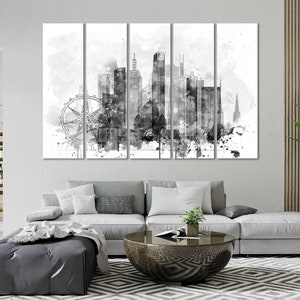 May include: Black and white watercolor painting of a city skyline with a Ferris wheel in the foreground. The painting is divided into five panels.