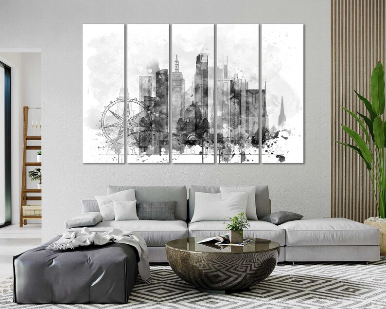 May include: Black and white watercolor painting of a city skyline with a Ferris wheel in the foreground. The painting is divided into five panels.